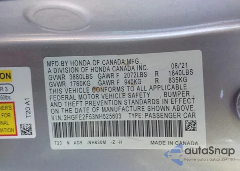 2022 Honda Civic Sport from USA, damaged, VIN 2HGFE2F53NH525603